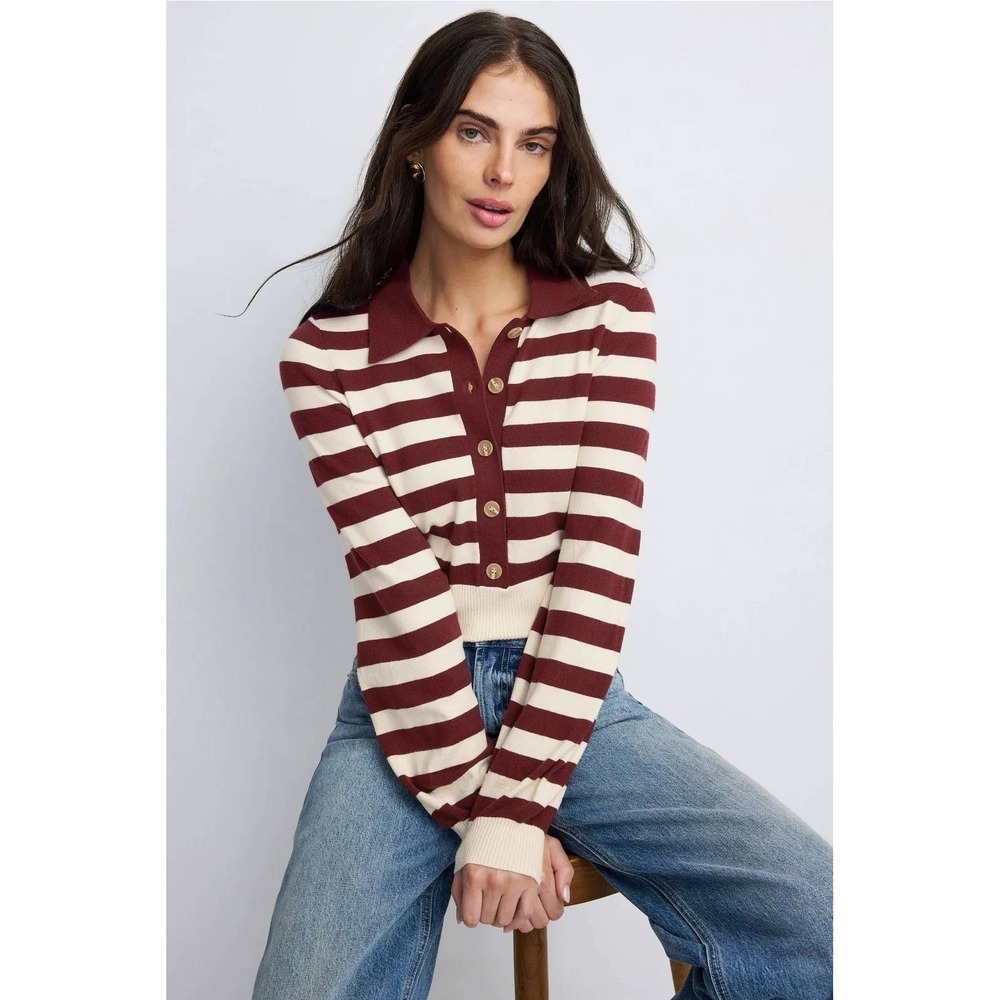Favorite Daughter Belle Striped Sweater Top Burgundy Polo Collar Women Sz M